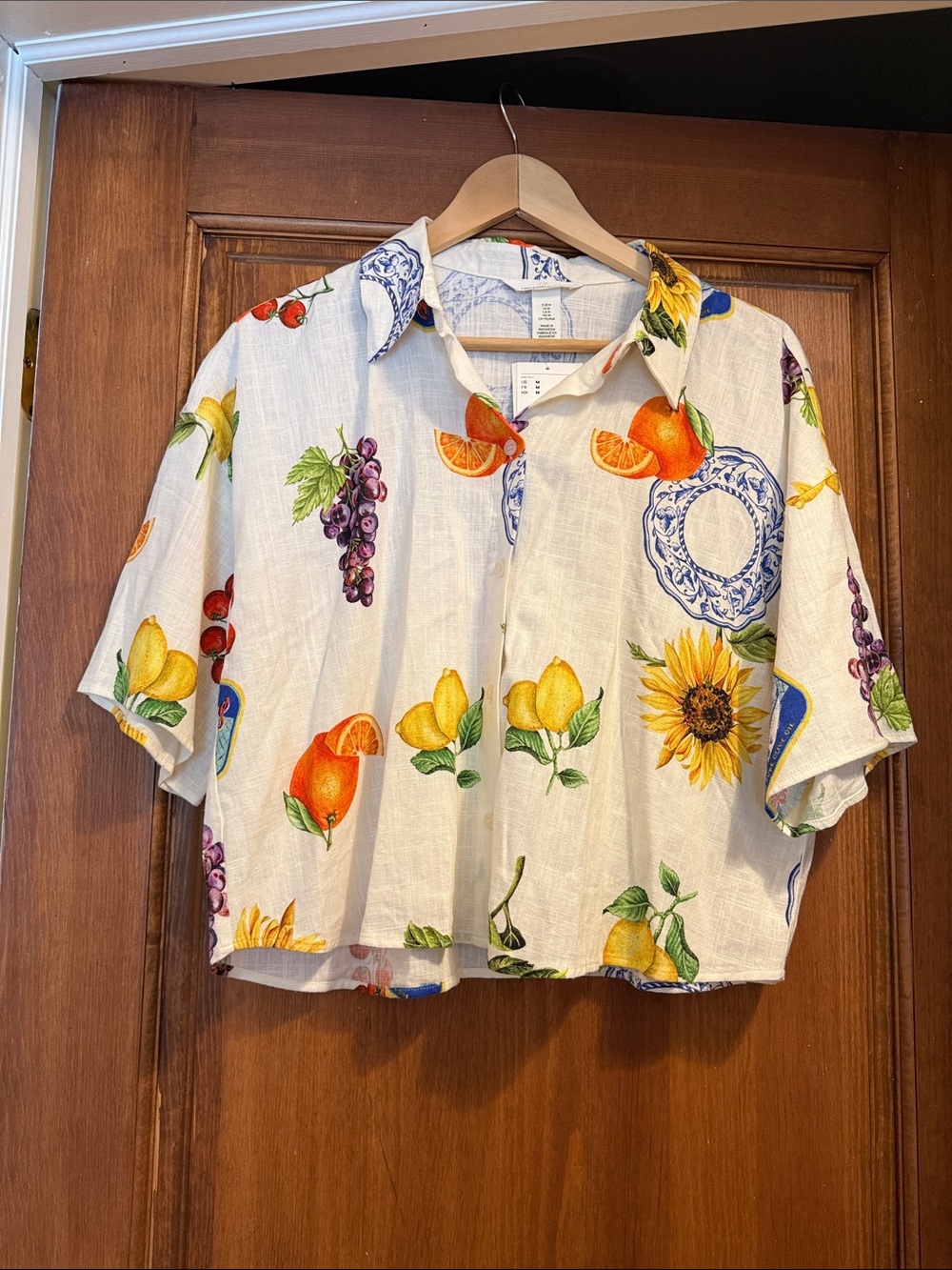 H&M White Linen Blend Shirt with Orange & Green Fruit Print